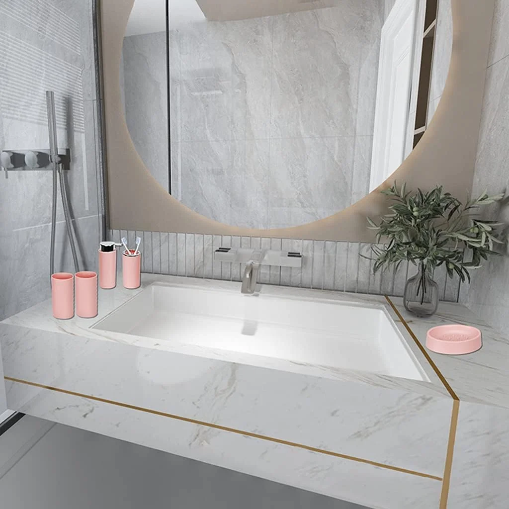 ست لوازم جانبی لوکس حمام، جام، 5 تکه، دکوراسیون منزل، جای مایع دستشویی رومیزی، لیوان مسواک، جا مسواکی مناسب خانه، آپارتمان، هدیه - صورتی