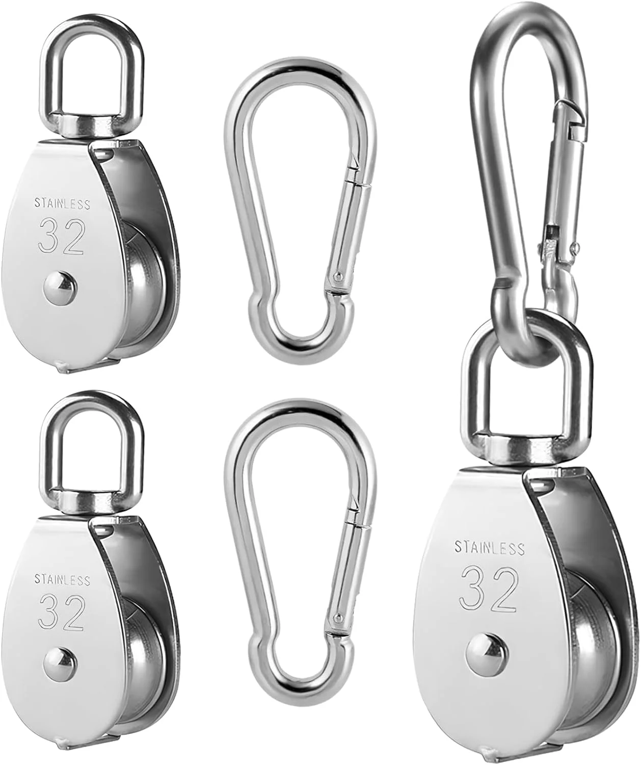 قرقره های 32 میلی متری GmeDhc برای طناب، 2 عدد قرقره با 2 عدد قلاب کارابین، قرقره استیل ضد زنگ - ظرفیت بار 250 کیلوگرم، برای بند رخت، سیستم قرقره، ماشین آلات صنعتی، کرکره های غلتکی