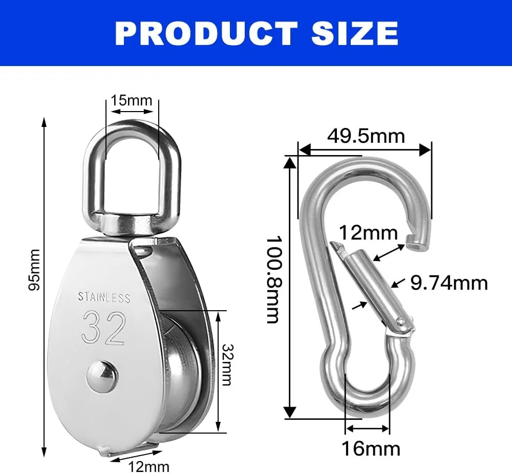 قرقره های 32 میلی متری GmeDhc برای طناب، 2 عدد قرقره با 2 عدد قلاب کارابین، قرقره استیل ضد زنگ - ظرفیت بار 250 کیلوگرم، برای بند رخت، سیستم قرقره، ماشین آلات صنعتی، کرکره های غلتکی