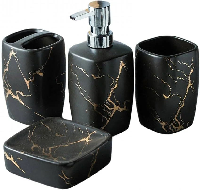 ست لوازم جانبی حمام با طرح مرمر، شامل جای مایع صابون، جا مسواکی، لیوان حمام و جا صابونی، مناسب برای هدیه تولد و خانه نویی و دکوراسیون منزل (4 تکه، مشکی)