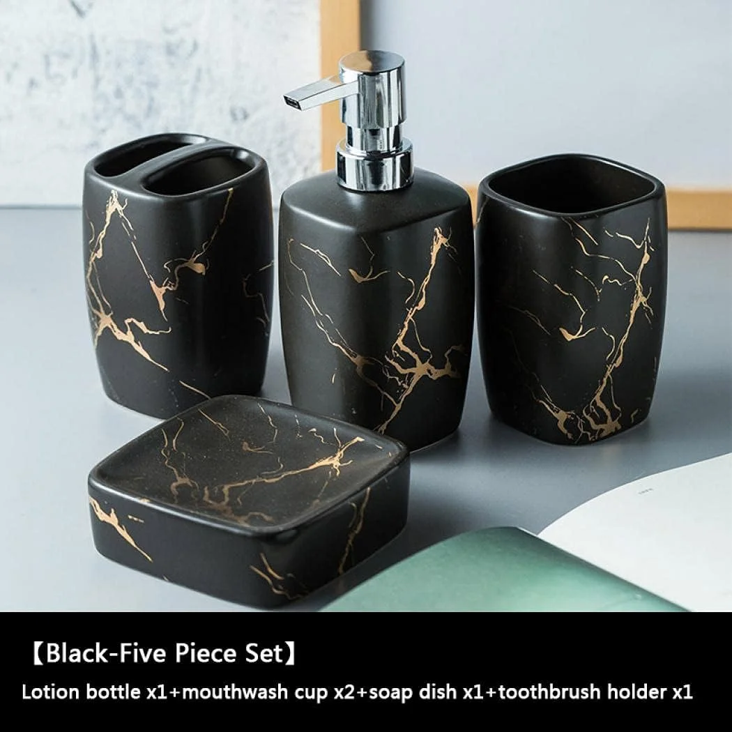 ست لوازم جانبی حمام با طرح مرمر، شامل جای مایع صابون، جا مسواکی، لیوان حمام و جا صابونی، مناسب برای هدیه تولد و خانه نویی و دکوراسیون منزل (4 تکه، مشکی)
