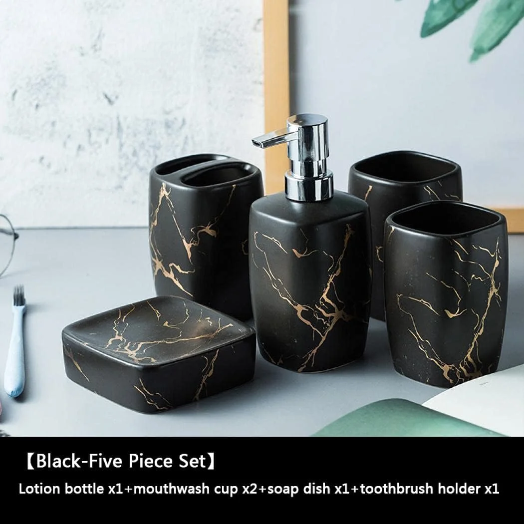 ست لوازم جانبی حمام با طرح مرمر، شامل جای مایع صابون، جا مسواکی، لیوان حمام و جا صابونی، مناسب برای هدیه تولد و خانه نویی و دکوراسیون منزل (4 تکه، مشکی)