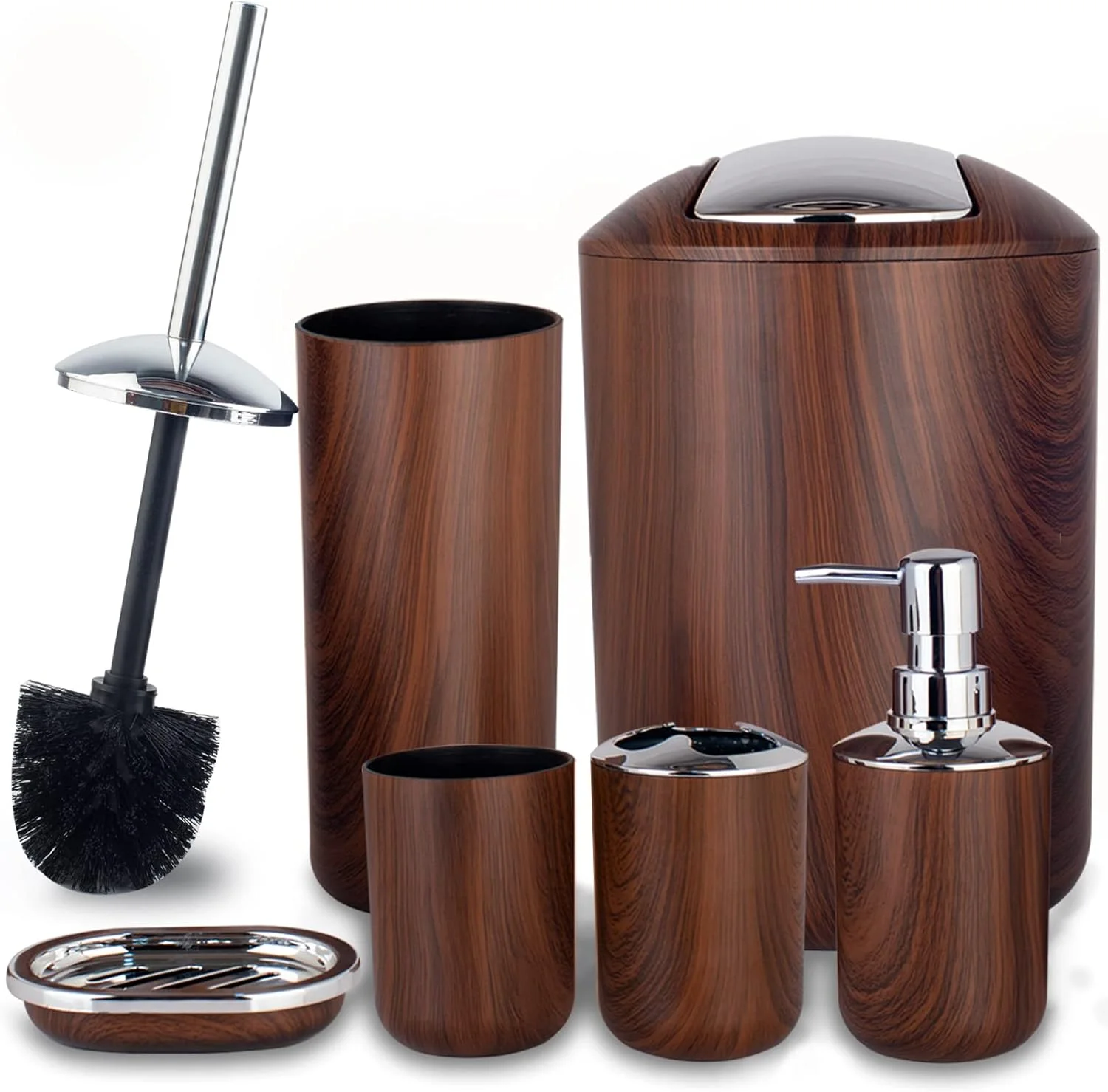 ست لوازم جانبی حمام 6 تکه پلاستیکی شامل جای مایع دستشویی، جا مسواکی، لیوان، جا صابونی، سطل زباله، برس توالت، ست لوازم جانبی تزئینی برای روی میز حمام (قهوه ای)