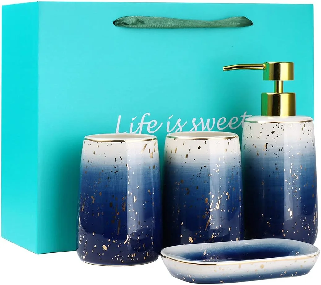 ست لوازم جانبی حمام راه شیری، ست 4 تکه با طرح مرمر شامل جای مایع دستشویی، جا مسواکی، لیوان و جا صابونی، مناسب برای هدیه تولد، خانه نویی و دکوراسیون منزل
