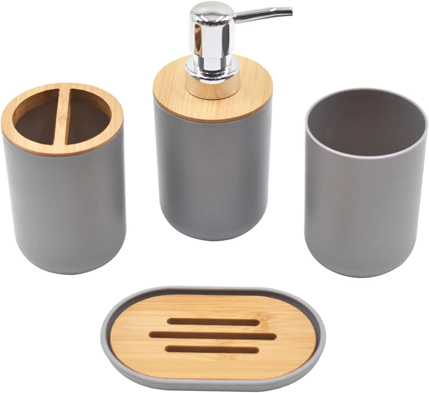 ست لوازم جانبی حمام 4 تکه، کیت لوازم جانبی حمام، ست شامل جا مایع صابون، جا مسواکی، لیوان دهانشویه، جا صابونی، هدیه سازمان دهنده پیشخوان حمام (خاکستری)