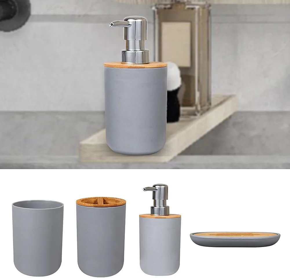 ست لوازم جانبی حمام 4 تکه، کیت لوازم جانبی حمام، ست شامل جا مایع صابون، جا مسواکی، لیوان دهانشویه، جا صابونی، هدیه سازمان دهنده پیشخوان حمام (خاکستری)