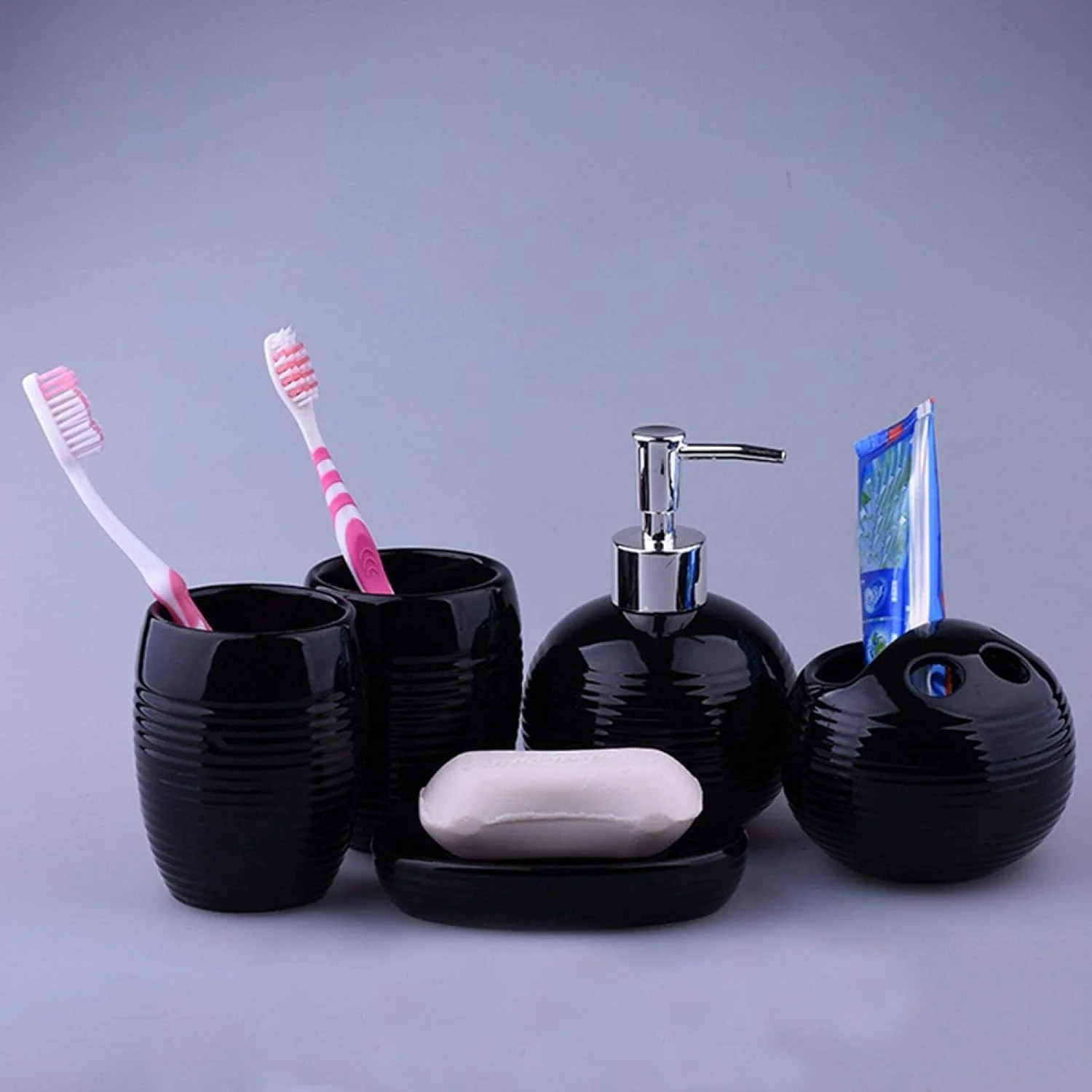 ست لوازم جانبی سرامیکی حمام | جای مایع دستشویی، ظرف صابون، جا مسواکی و لیوان | سازماندهی (ست 1 عددی، سبز) حمام-سبز