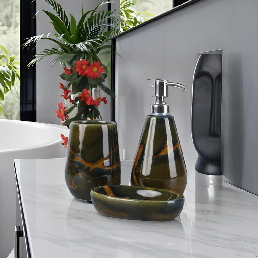 ست لوازم جانبی سرامیکی حمام | جای مایع دستشویی، ظرف صابون، جا مسواکی و لیوان | سازماندهی (ست 1 عددی، سبز) حمام-سبز