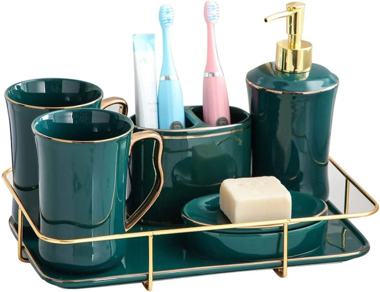 ست لوازم جانبی با کیفیت برای حمام، ست پنج تکه لوازم حمام سرامیکی شامل 2 لیوان دهانشویه، جا صابونی، جا مایع صابون، جا مسواکی مناسب منزل و هتل (رنگ: سبز تیره)