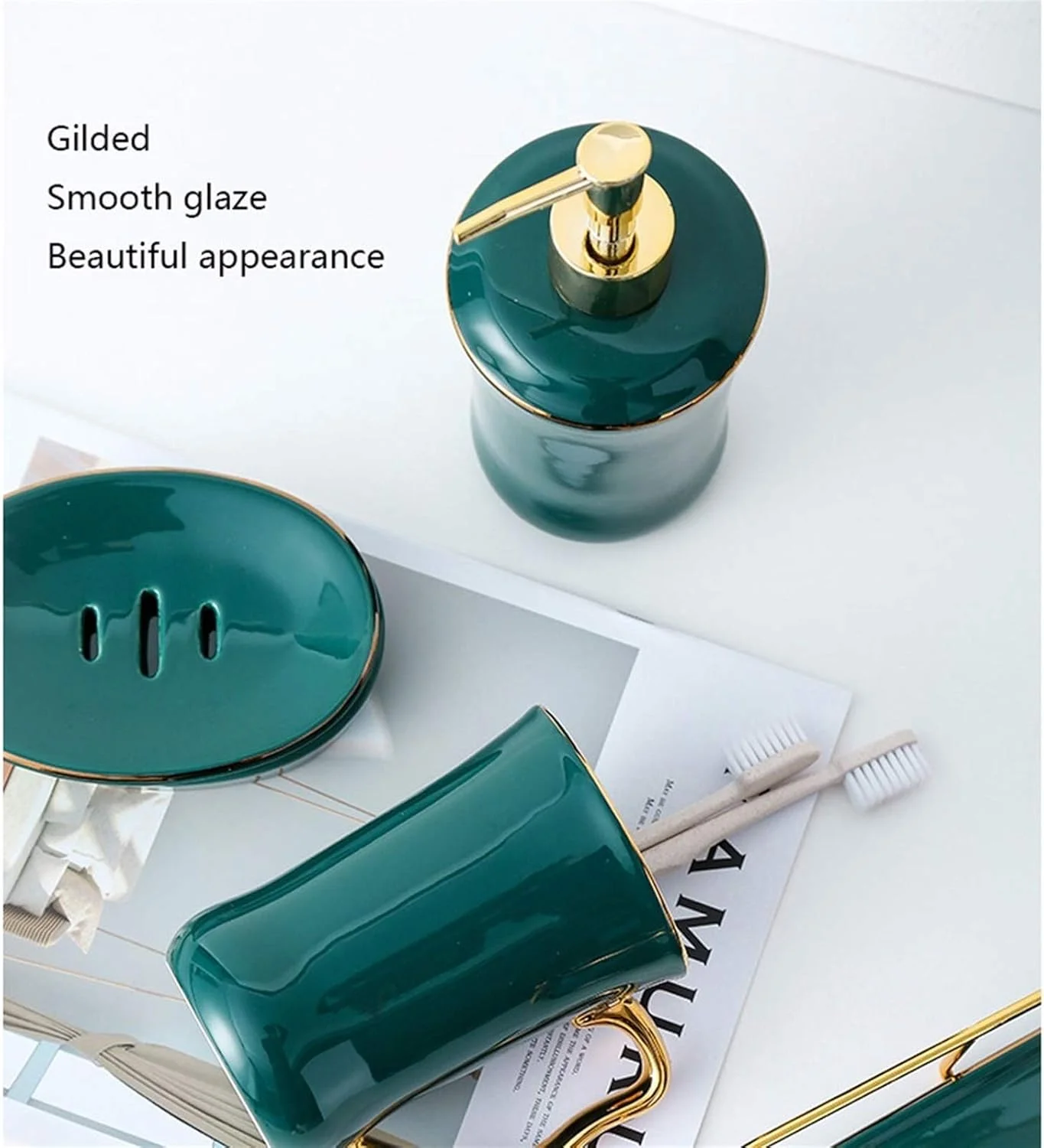 ست لوازم جانبی با کیفیت برای حمام، ست پنج تکه لوازم حمام سرامیکی شامل 2 لیوان دهانشویه، جا صابونی، جا مایع صابون، جا مسواکی مناسب منزل و هتل (رنگ: سبز تیره)