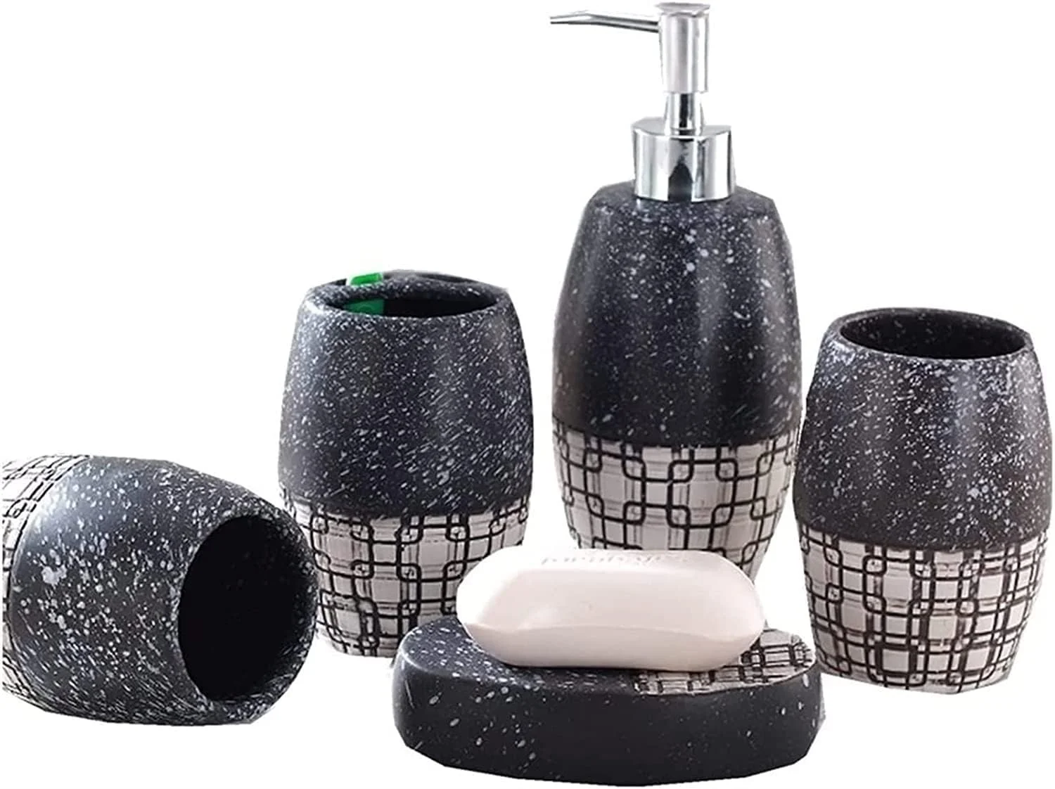 ست لوازم جانبی حمام خانگی، لوازم جانبی سرامیکی حمام با طرح برجسته دانه برف، مناسب برای هتل، پنج تکه