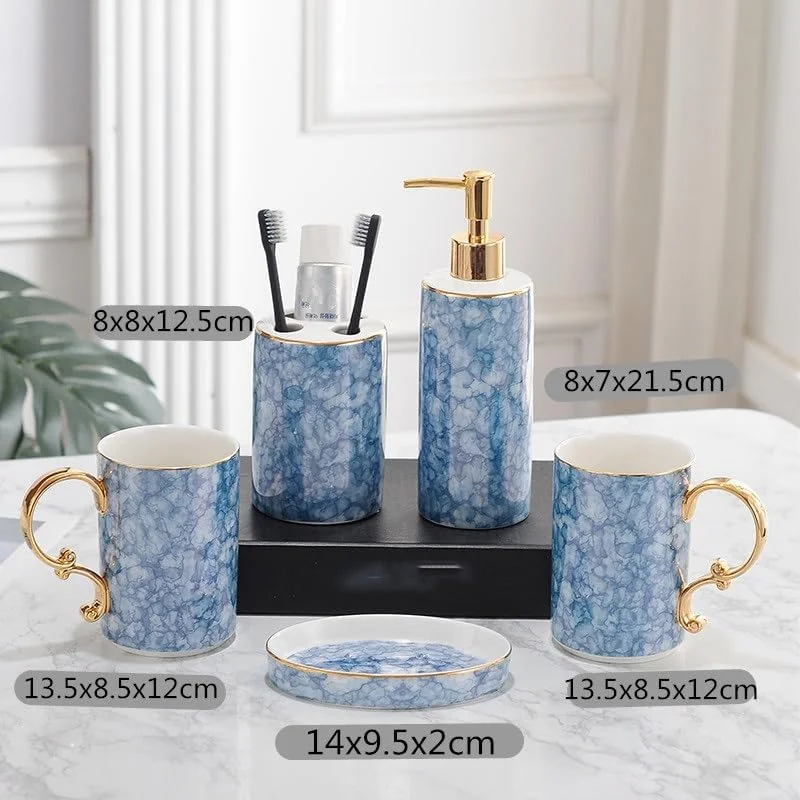 ست لوازم جانبی حمام شامل جای صابون، لیوان، جای مسواک، مایع ریز صابون و جا صابونی