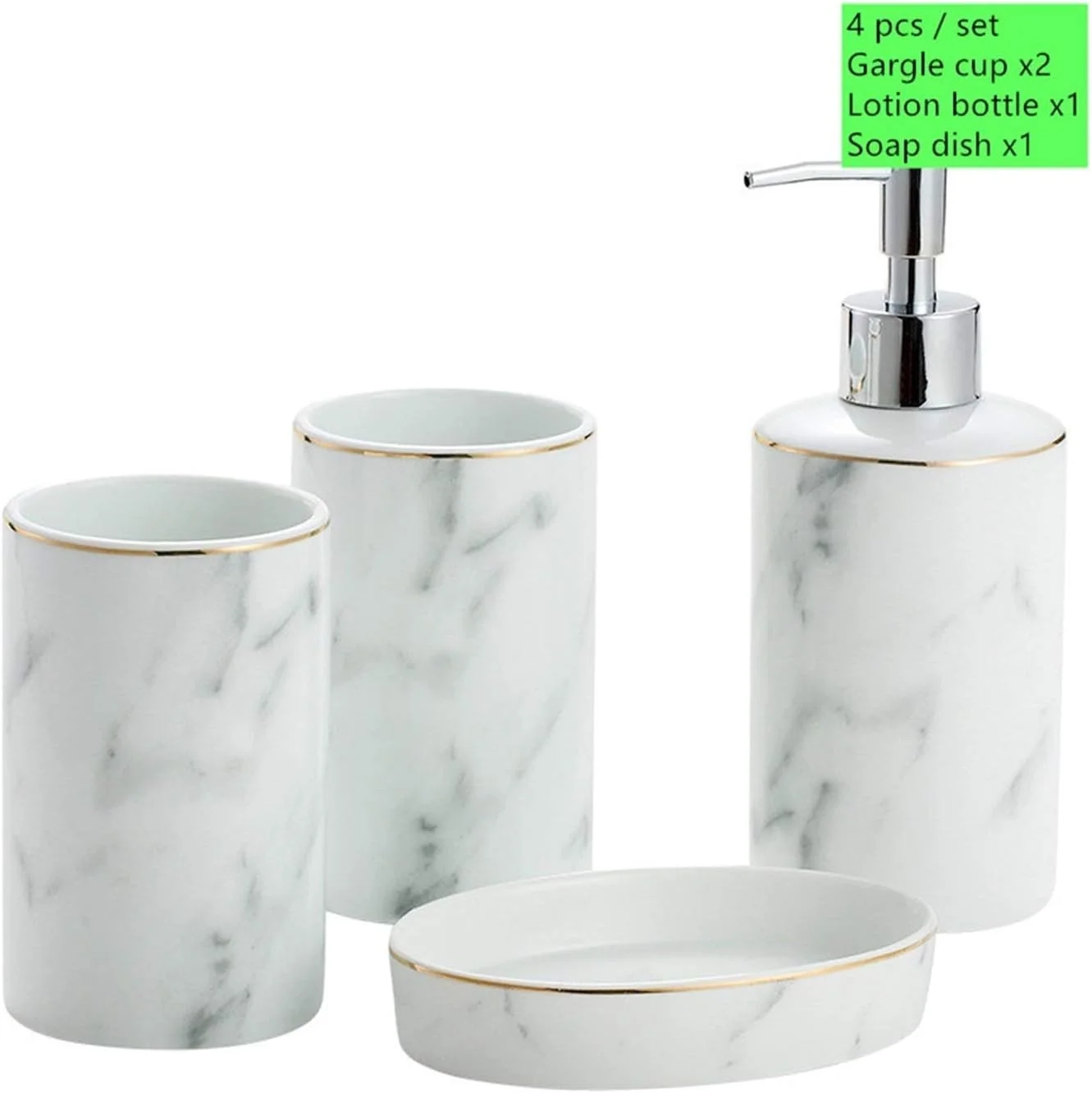 ست لوازم جانبی حمام منزل، ست شستشوی سرامیکی چهار تکه شامل جای مایع دستشویی، لیوان شستشو و جا مسواکی، مناسب برای حمام هتل