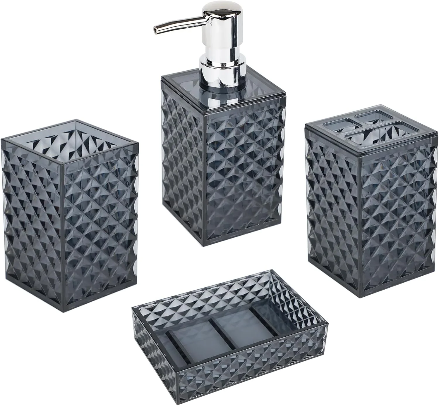ست لوازم جانبی حمام، ست 4 تکه لوازم جانبی حمام خاکستری، جا مایع صابون با طرح الماس و جا مسواکی، دکور حمام بوهمی، ست لوازم جانبی حمام خاکستری تیره