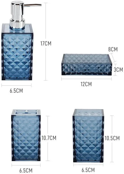 ست لوازم جانبی حمام آبی (4 تکه)، کیت لوازم جانبی پلاستیکی چند منظوره برای روی میز، جا مسواکی، لیوان مسواک، شامل جا مایع صابون، جا صابونی برای هدیه خانه نویی (آبی) (آبی-01)