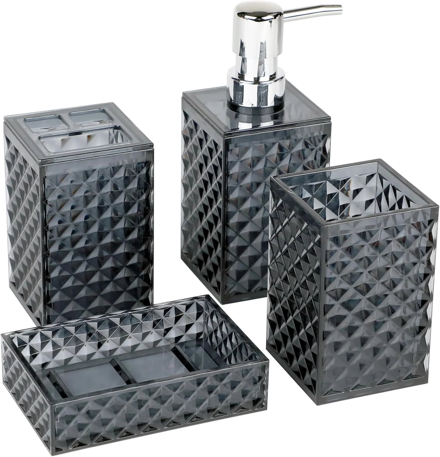 ست لوازم جانبی حمام، ست 4 تکه لوازم جانبی حمام خاکستری، جا مایع صابون با طرح الماس و جا مسواکی، دکور حمام بوهمی، ست لوازم جانبی حمام خاکستری تیره