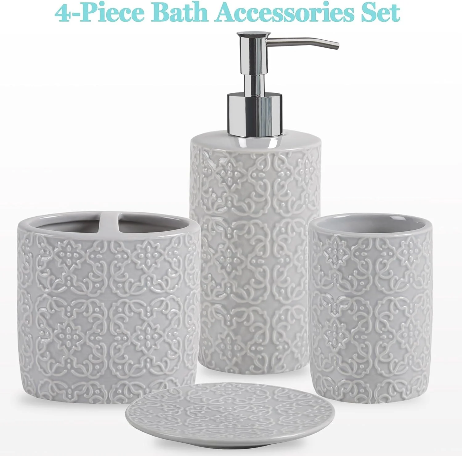 ست لوازم جانبی سرامیکی حمام مارتا استوارت، سازمان دهنده لوازم آرایشی، طرح برجسته گل و بوته، جا مایع/صابون، جا مسواکی، لیوان، ظرف جواهرات، سایزهای مختلف خاکستری