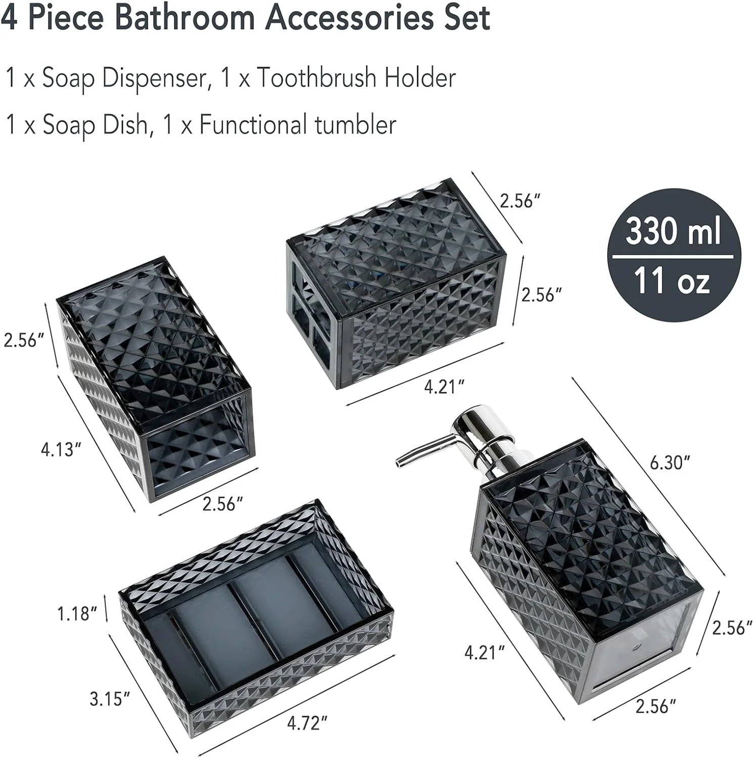 ست لوازم جانبی حمام، ست 4 تکه لوازم جانبی حمام خاکستری، جا مایع صابون با طرح الماس و جا مسواکی، دکور حمام بوهمی، ست لوازم جانبی حمام خاکستری تیره