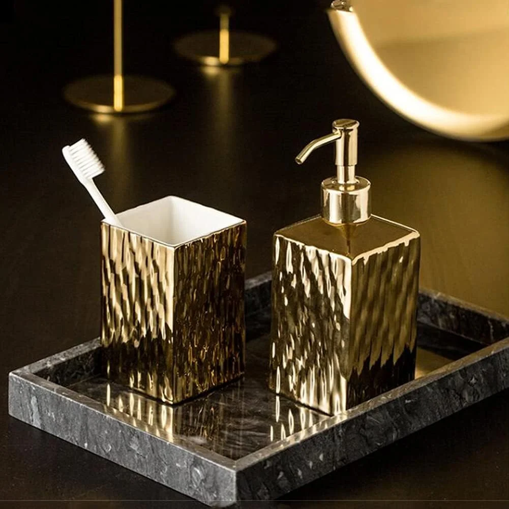 ست لوازم جانبی سرامیکی حمام 4 تکه، شامل جا مایع دستشویی قابل شارژ، جا مسواکی تقسیم شده، لیوان شستشو برای دکوراسیون آپارتمان سرویس بهداشتی