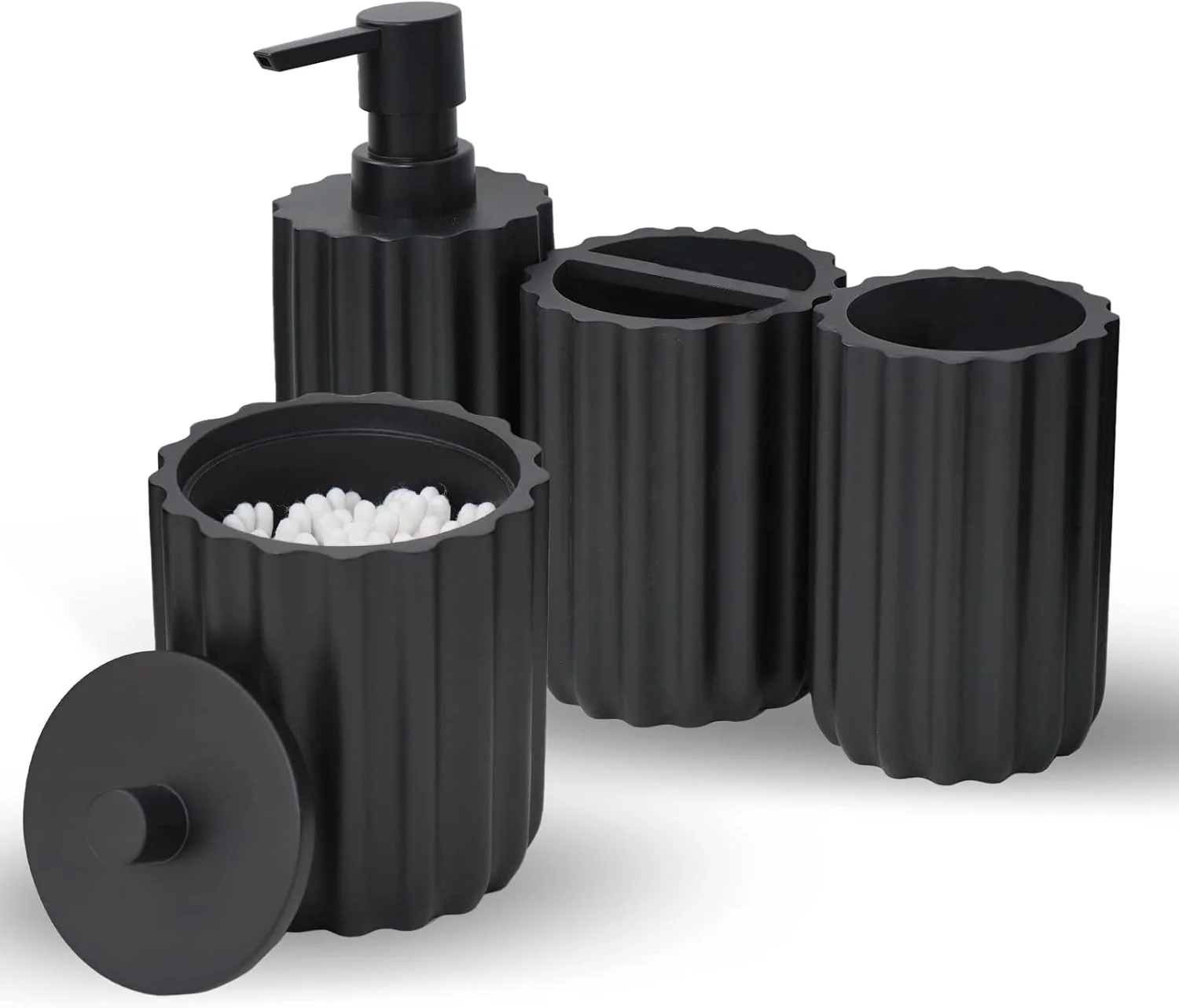 ست لوازم جانبی حمام سولامور 4 تکه، لوازم جانبی حمام ضخیم شده، جا مایع لوسیون، جا گوش پاک کن، جا مسواکی، لیوان، سازمان دهنده روشویی، ست حمام مشکی مات