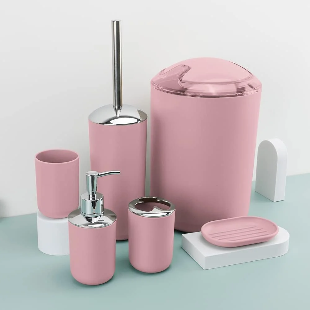 ست لوازم جانبی حمام 6 تکه شامل جا مایع صابون، جا مسواکی، لیوان، جا صابونی برای پیشخوان تزئینی و هدیه خانه نویی (صورتی)
