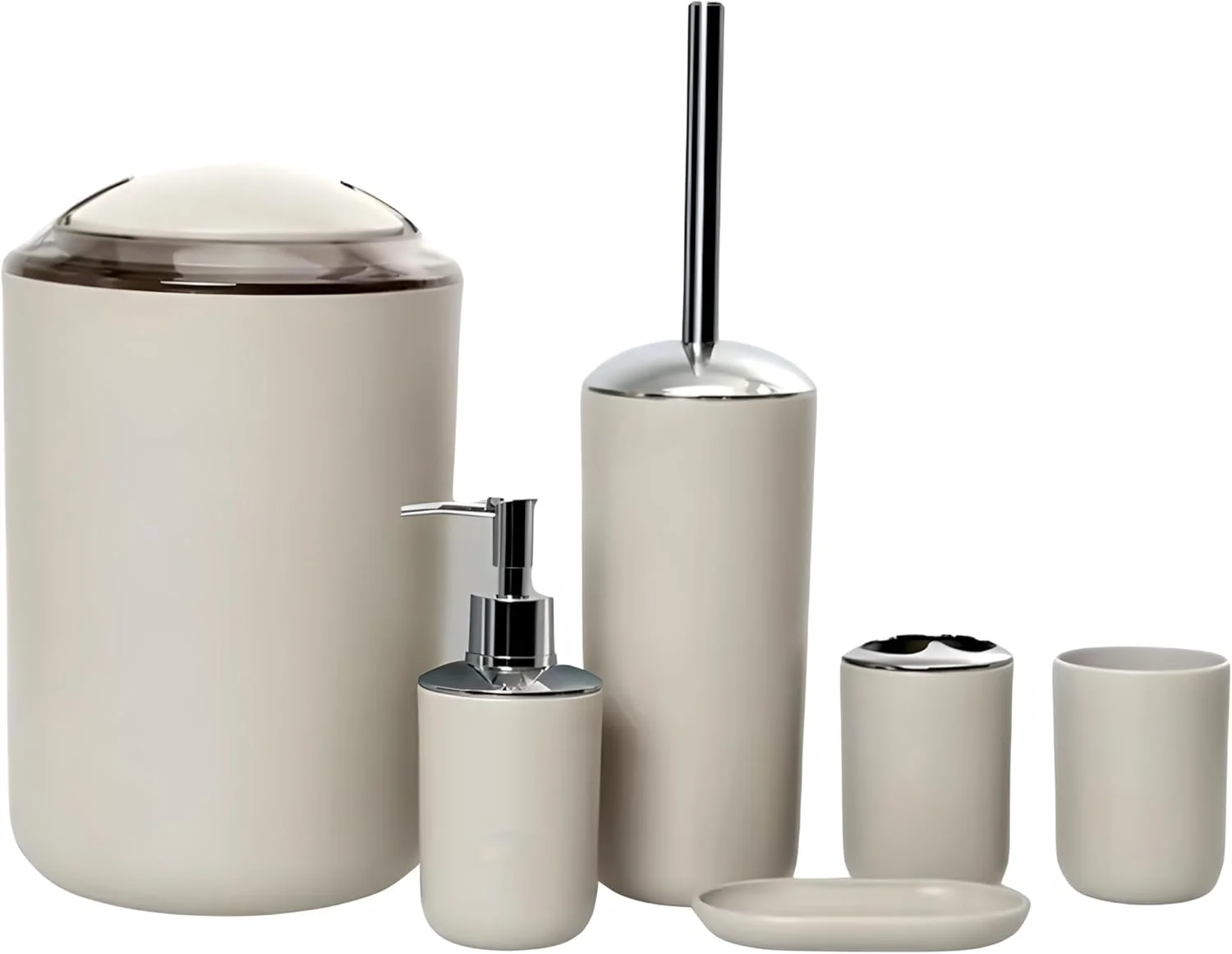 ست لوازم جانبی حمام شامل جا مایع صابون، جا مسواکی، لیوان مسواک، جا صابونی برای دکوراسیون میز و هدیه خانه نویی، بزرگ (بژ)