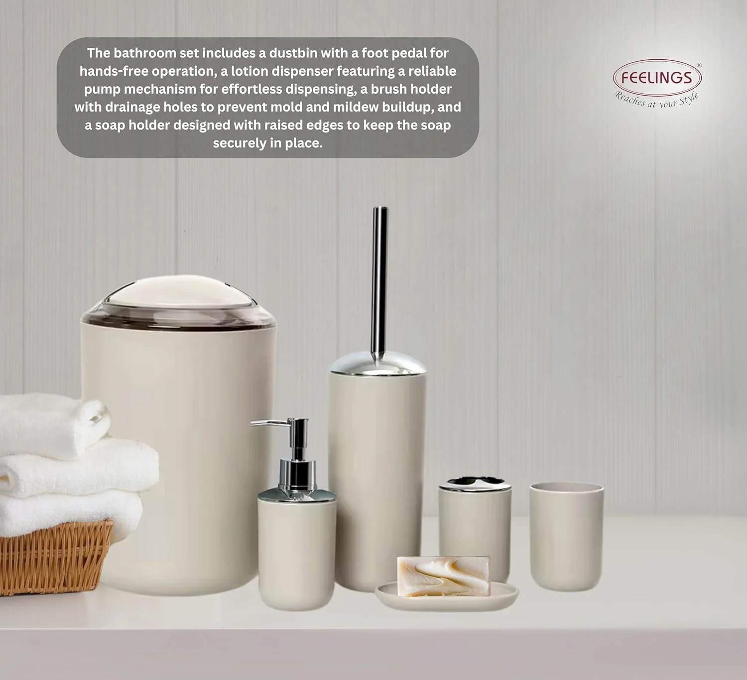 ست لوازم جانبی حمام شامل جا مایع صابون، جا مسواکی، لیوان مسواک، جا صابونی برای دکوراسیون میز و هدیه خانه نویی، بزرگ (بژ)