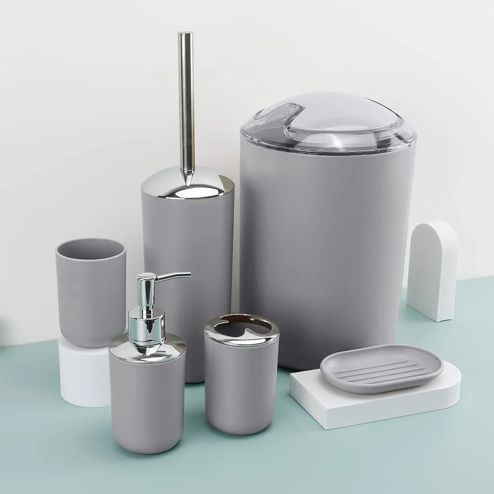 ست لوازم جانبی حمام شامل جا مایع صابون، جا مسواکی، لیوان، جا صابونی برای پیشخوان تزئینی و هدیه خانه نویی (خاکستری)
