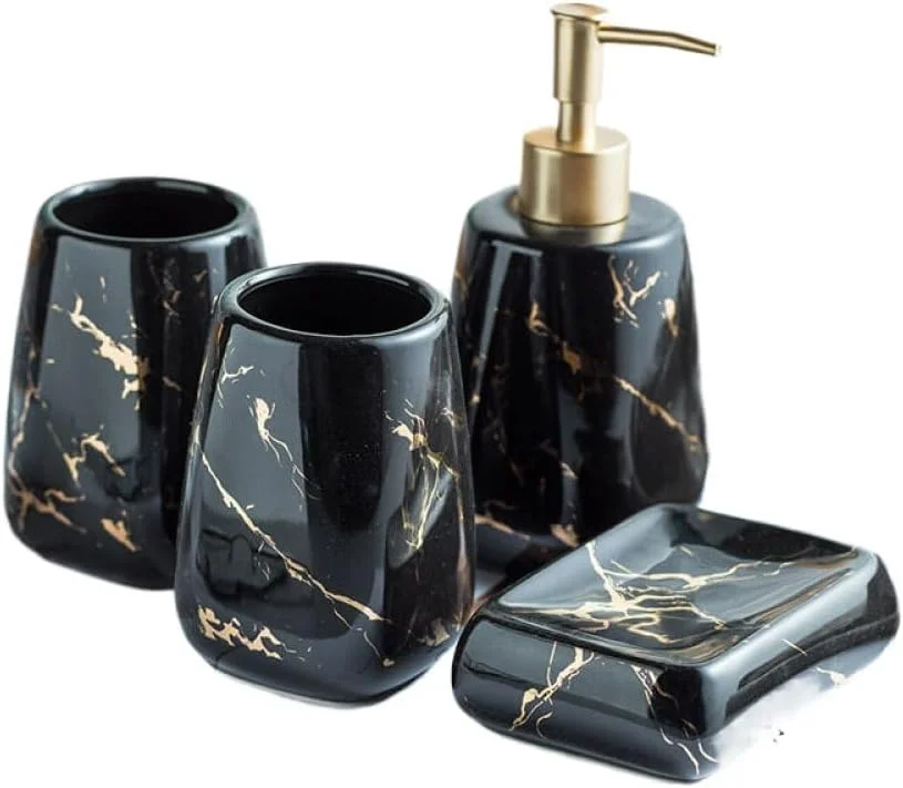 ست لوازم جانبی سرامیکی طرح سنگ مرمر برای حمام شامل جا مسواکی، جا صابونی، مایع دستشویی و مایع ظرفشویی، طراحی شیک سیاه و سفید، ست 4 تکه برای استفاده در منزل یا هتل (مشکی)