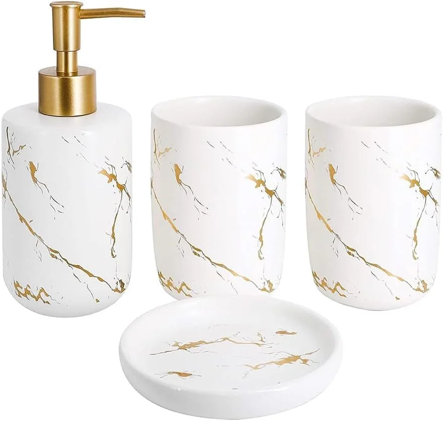 ست لوازم جانبی حمام ۴ تکه BAOLY، لوازم تزئینی حمام، سازمان دهنده رومیزی سرامیکی با طرح سنگ مرمر، شامل جا مسواکی، جا صابونی، پخش کننده لوسیون، ست دکوراسیون حمام شیک نوردیک