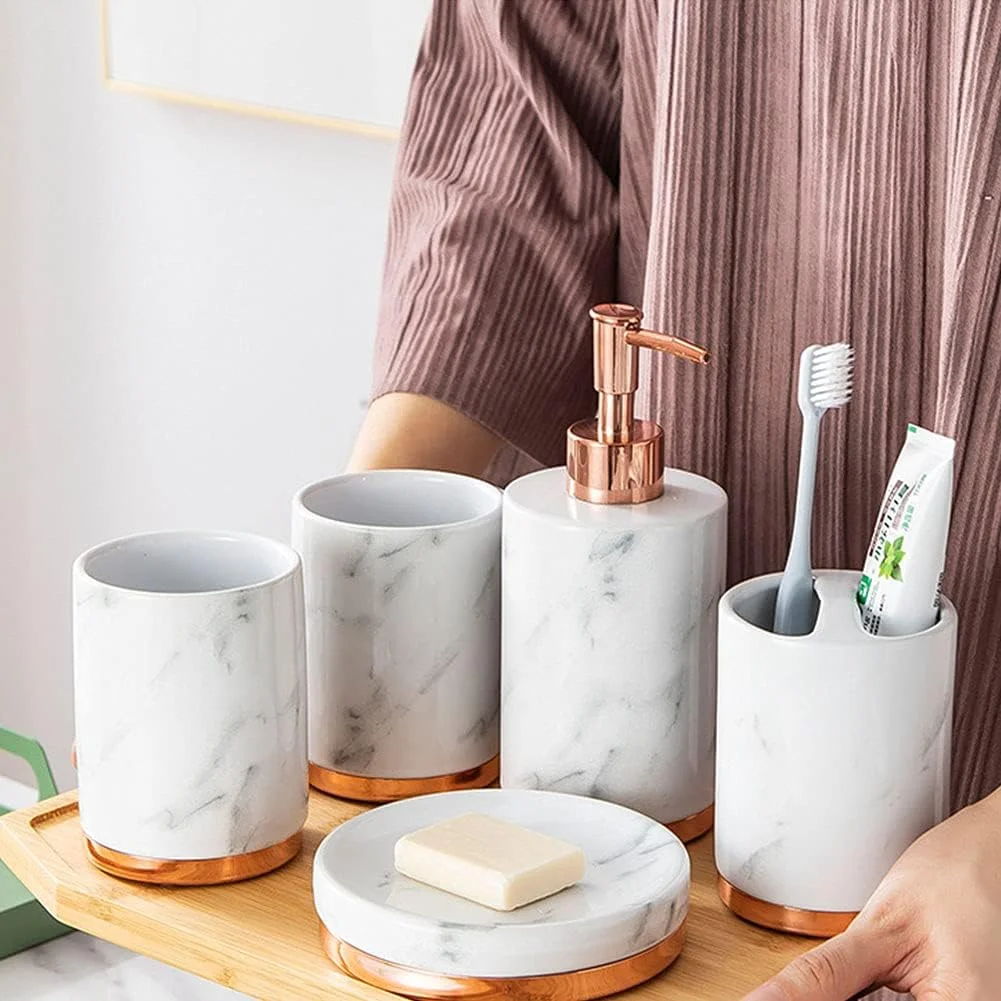 ست لوازم جانبی حمام 5 تکه، لوازم حمام لوکس، شامل جا مسواکی، 2 فنجان شستشو، جا صابونی، و جا مایع دستشویی