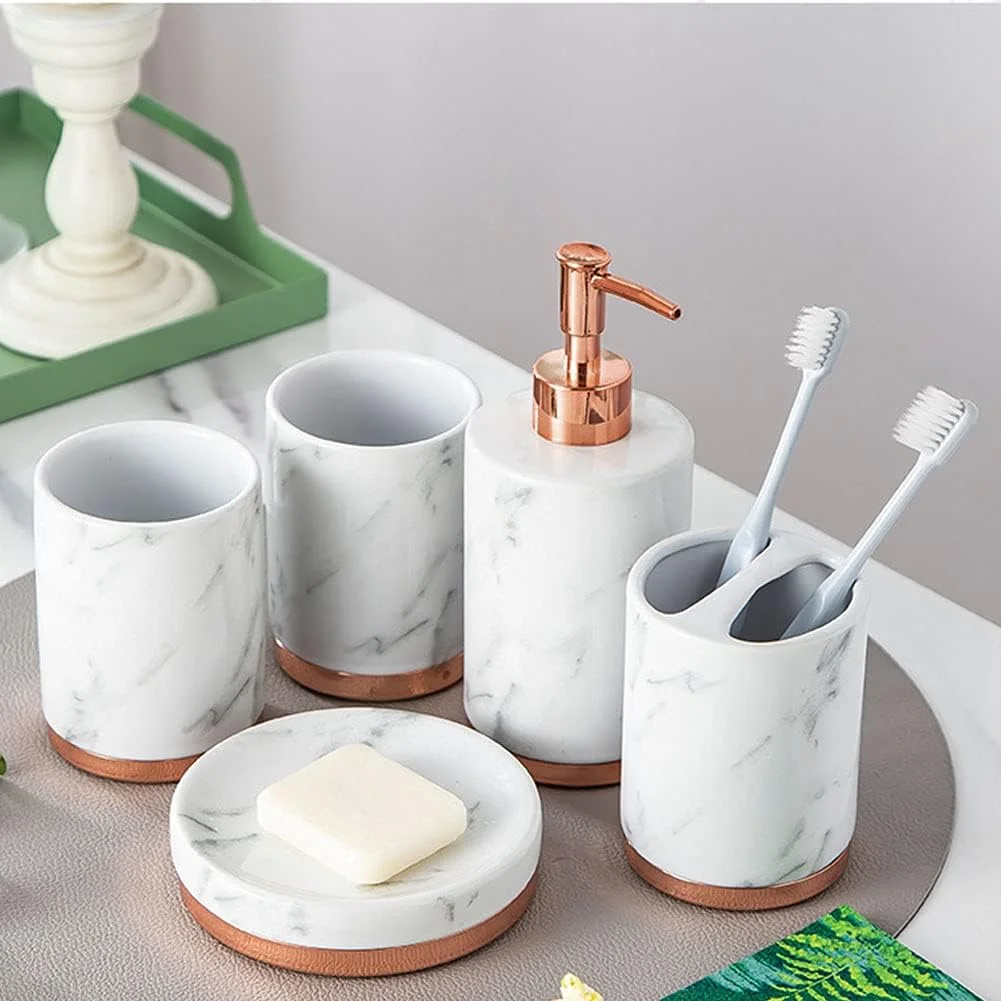 ست لوازم جانبی حمام 5 تکه، لوازم حمام لوکس، شامل جا مسواکی، 2 فنجان شستشو، جا صابونی، و جا مایع دستشویی