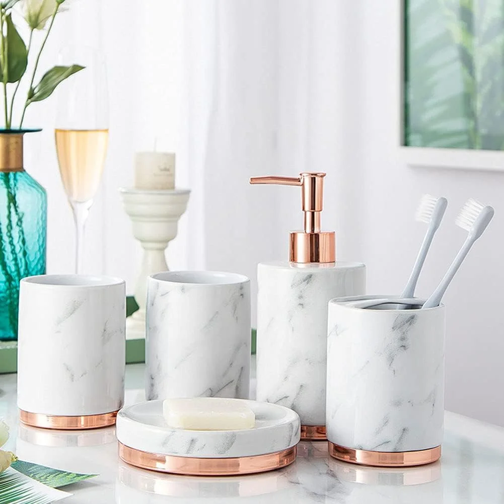 ست لوازم جانبی حمام 5 تکه، لوازم حمام لوکس، شامل جا مسواکی، 2 فنجان شستشو، جا صابونی، و جا مایع دستشویی