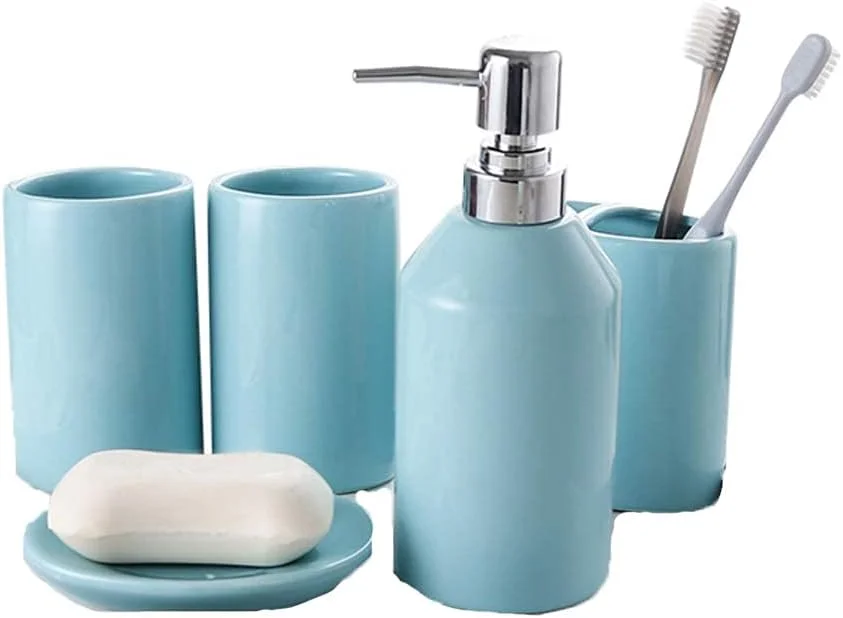 ست لوازم جانبی حمام سرامیکی 5 تکه آبی، شامل جا مایع لوسیون، لیوان، جا صابونی و جا مسواکی ست لوازم جانبی حمام سرامیکی 5 تکه آبی، شامل جا مایع لوسیون، لیوان، جا صابونی و جا مسواکی