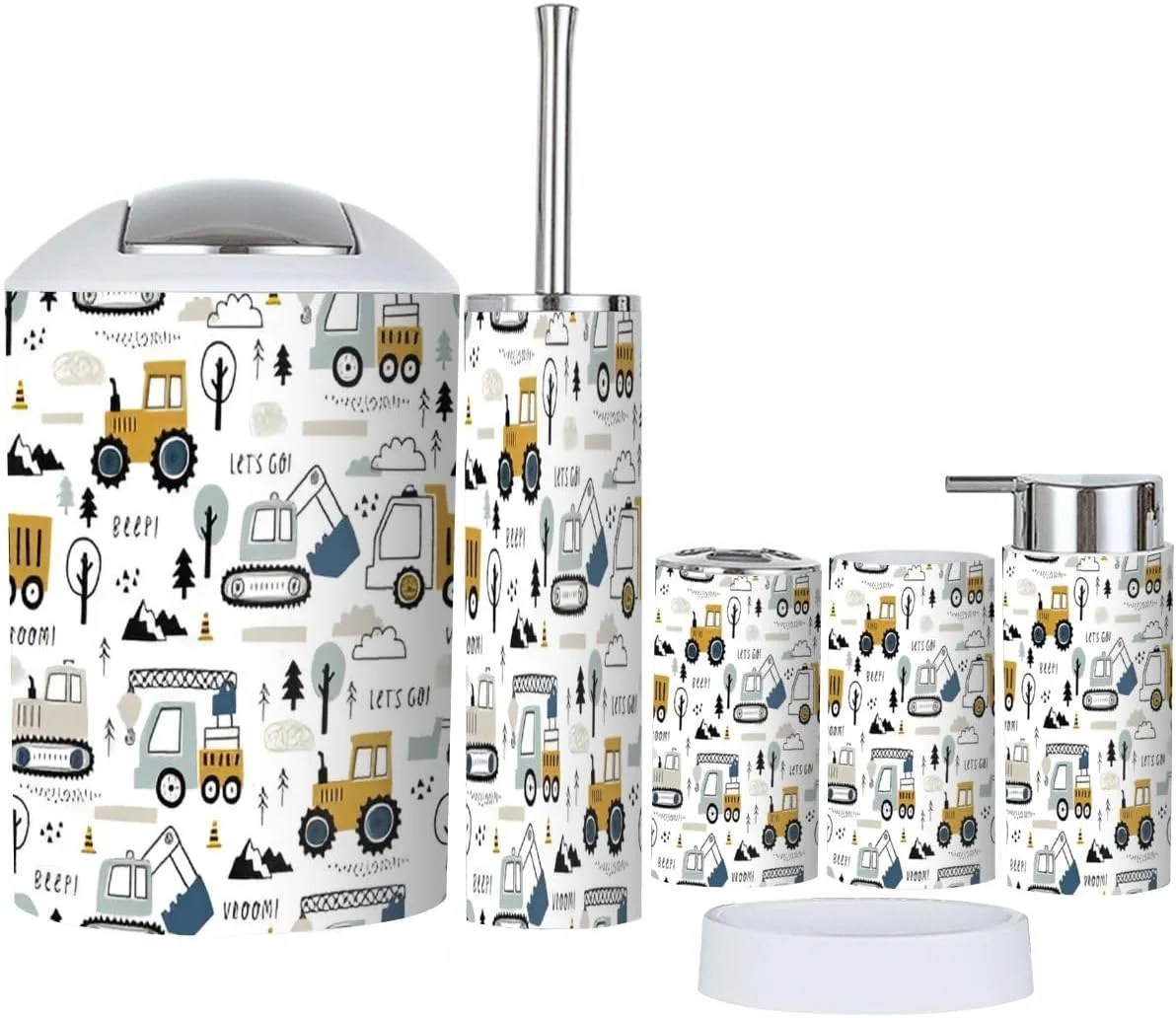 ست لوازم جانبی حمام 6 تکه با طرح دستی ماشین های بامزه، کامیون، تراکتور، جرثقیل باربری، بولدوزر، بیل مکانیکی شامل جا مسواکی، لیوان مسواک، جا مایع صابون، جا صابونی، جا برس توالت، سطل زباله