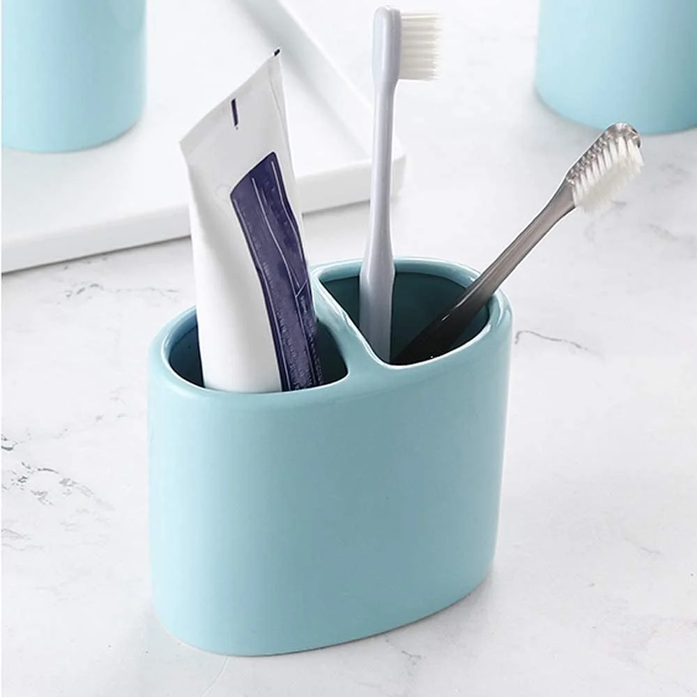 ست لوازم جانبی حمام سرامیکی 5 تکه آبی، شامل جا مایع لوسیون، لیوان، جا صابونی و جا مسواکی