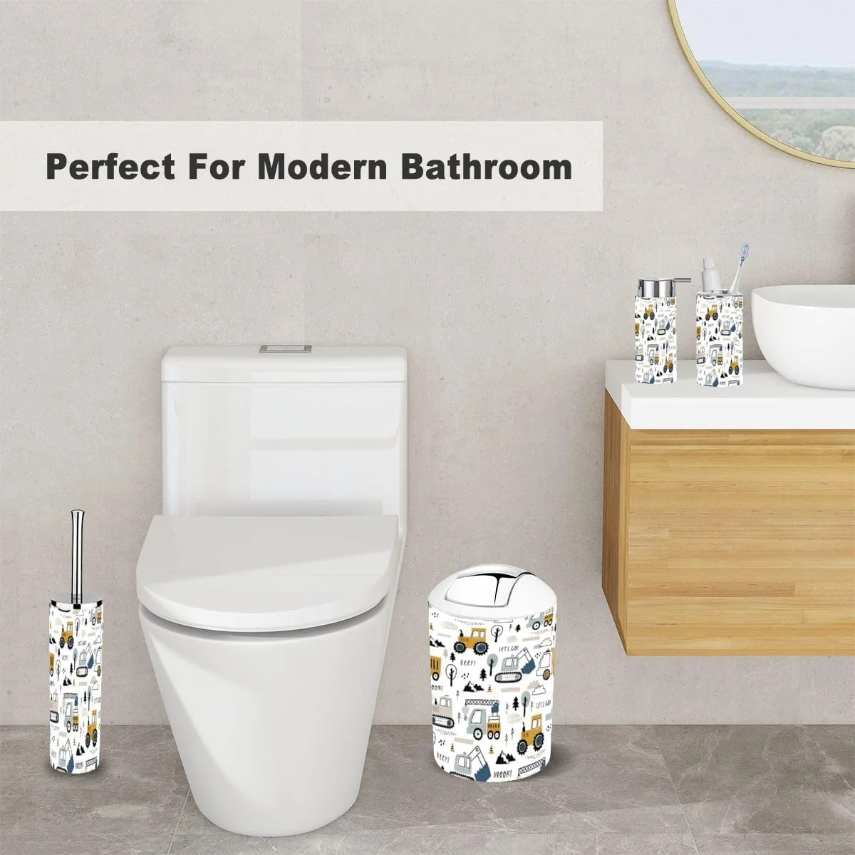 ست لوازم جانبی حمام 6 تکه با طرح دستی ماشین های بامزه، کامیون، تراکتور، جرثقیل باربری، بولدوزر، بیل مکانیکی شامل جا مسواکی، لیوان مسواک، جا مایع صابون، جا صابونی، جا برس توالت، سطل زباله