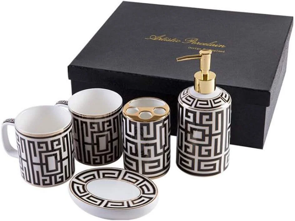 ست لوازم جانبی سرامیکی 5 تکه برای حمام شامل جای مایع دستشویی، لیوان دهانشویه، جا صابونی، جا مسواکی، ست هدیه لوازم بهداشتی حمام (رنگ: B، سایز: 5 تکه)