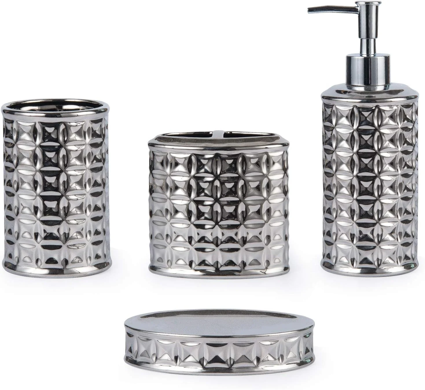 ست لوازم جانبی حمام نقره ای BASDHE، ست 4 تکه تزئینات حمام شامل جا مایع لوسیون، جا مسواکی، لیوان و جا صابونی