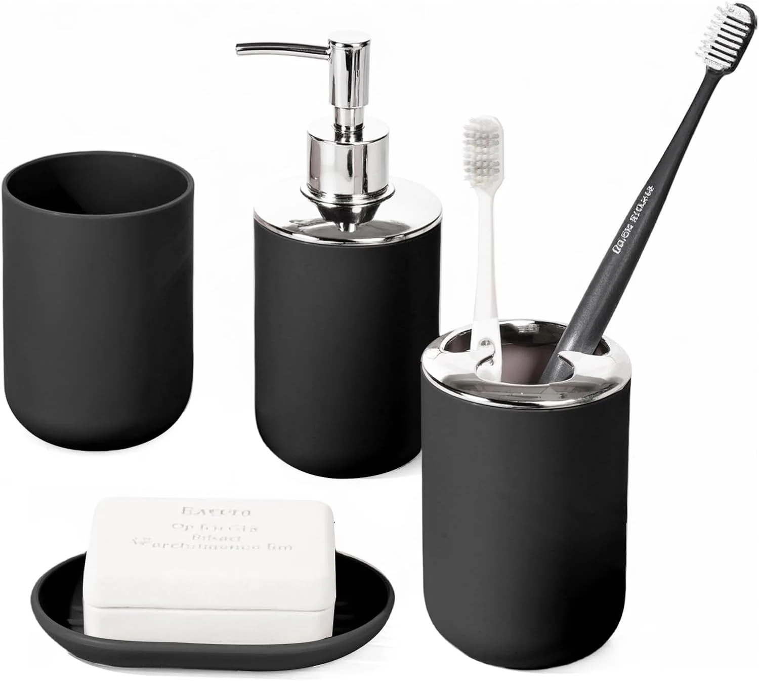 ست لوازم جانبی حمام، ست پلاستیکی 4 تکه شامل جا مایع صابون، جا صابونی، جا مسواکی، لیوان دهانشویه، ست دکور مدرن حمام، صرفه جویی در فضا برای حمام (مشکی)