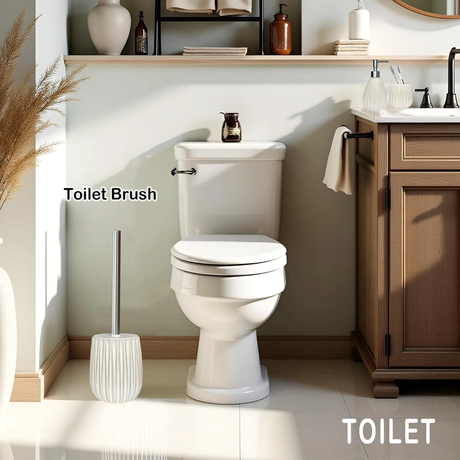 ست لوازم جانبی سرامیکی حمام، ست سفید حمام، ست لوازم جانبی حمام Caahanjia، 4 تکه، برس توالت، پخش کننده لوسیون، جا صابونی، لیوان مسواک، دکور حمام مدرن (سفید 06)