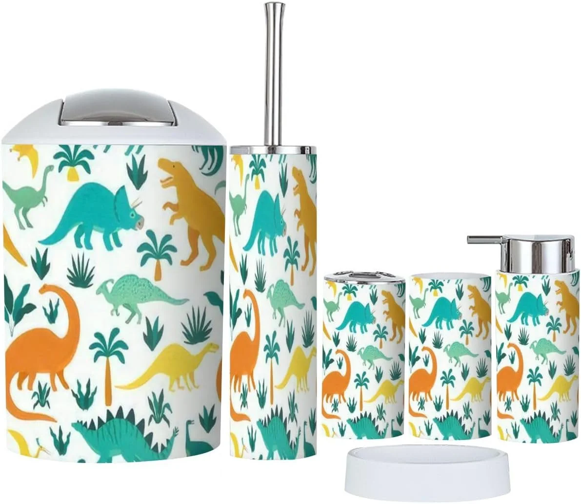 ست لوازم جانبی حمام 6 تکه با طرح دایناسورهای دستی، برگ های استوایی و گل ها برای کودکان شامل جا مسواکی، لیوان مسواک، جا مایع صابون، جا صابونی، جا برس توالت و سطل زباله برای روی میز