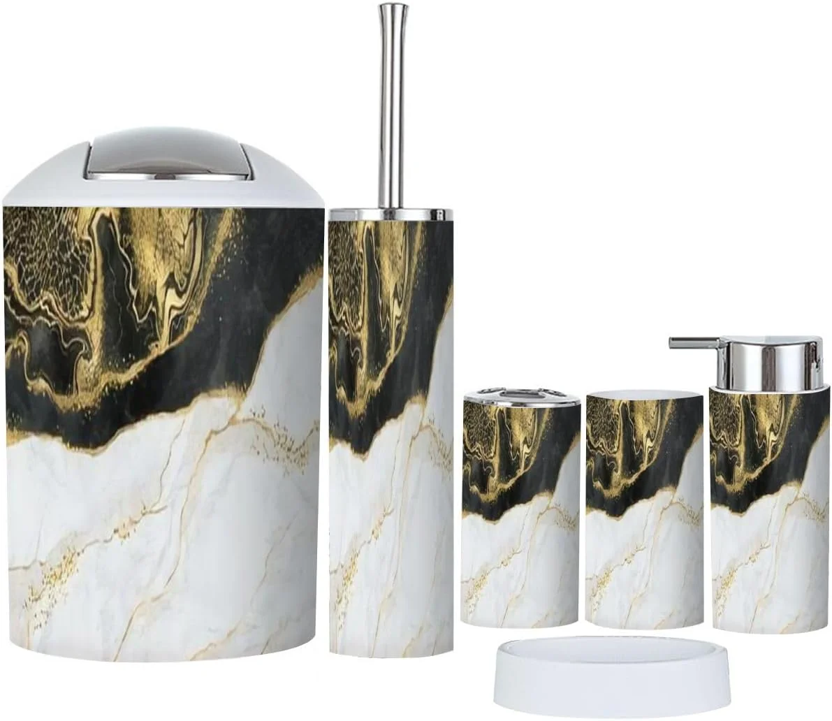 ست لوازم جانبی حمام 6 تکه با بافت انتزاعی مشکی سفید مرمر با رگه های طلایی شامل جا مسواکی، لیوان مسواک، جا مایع صابون، جا صابونی، برس توالت و سطل زباله برای روی میز