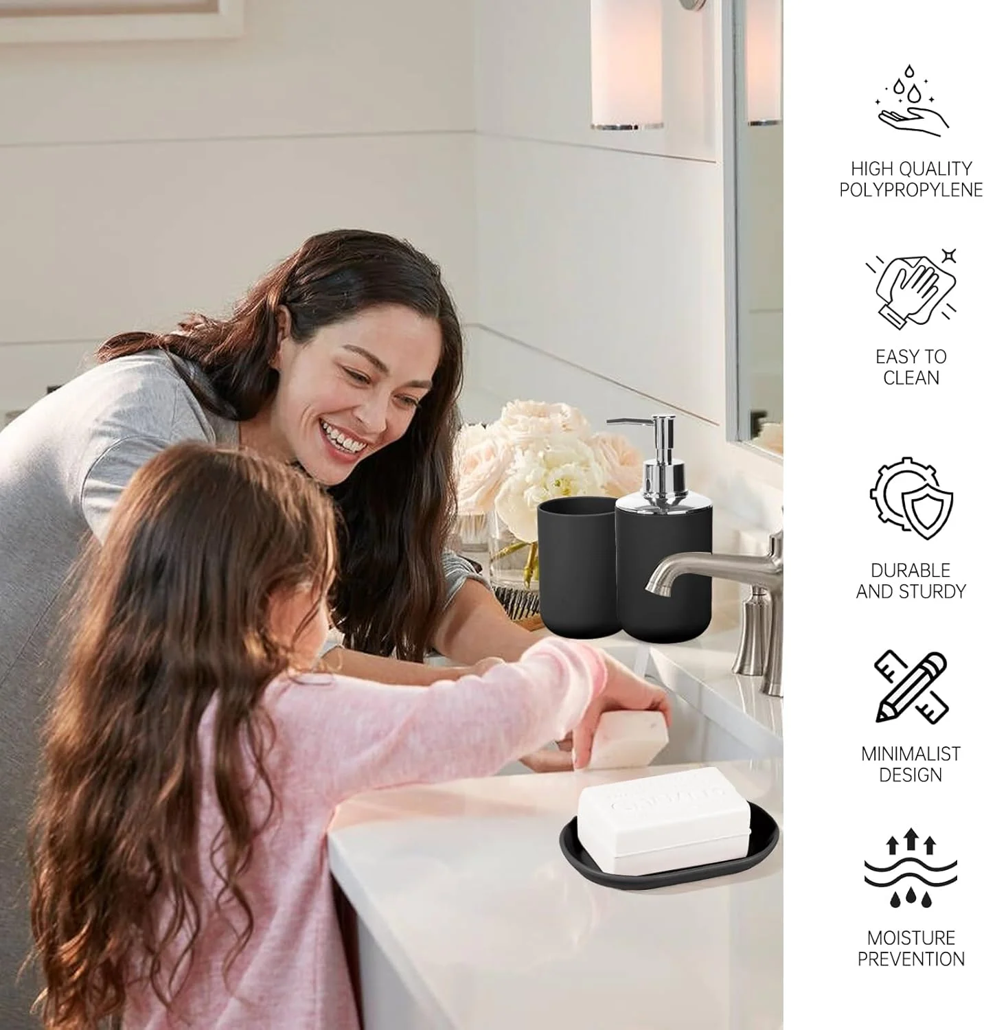 ست لوازم جانبی حمام، ست پلاستیکی 4 تکه شامل جا مایع صابون، جا صابونی، جا مسواکی، لیوان دهانشویه، ست دکور مدرن حمام، صرفه جویی در فضا برای حمام (مشکی)