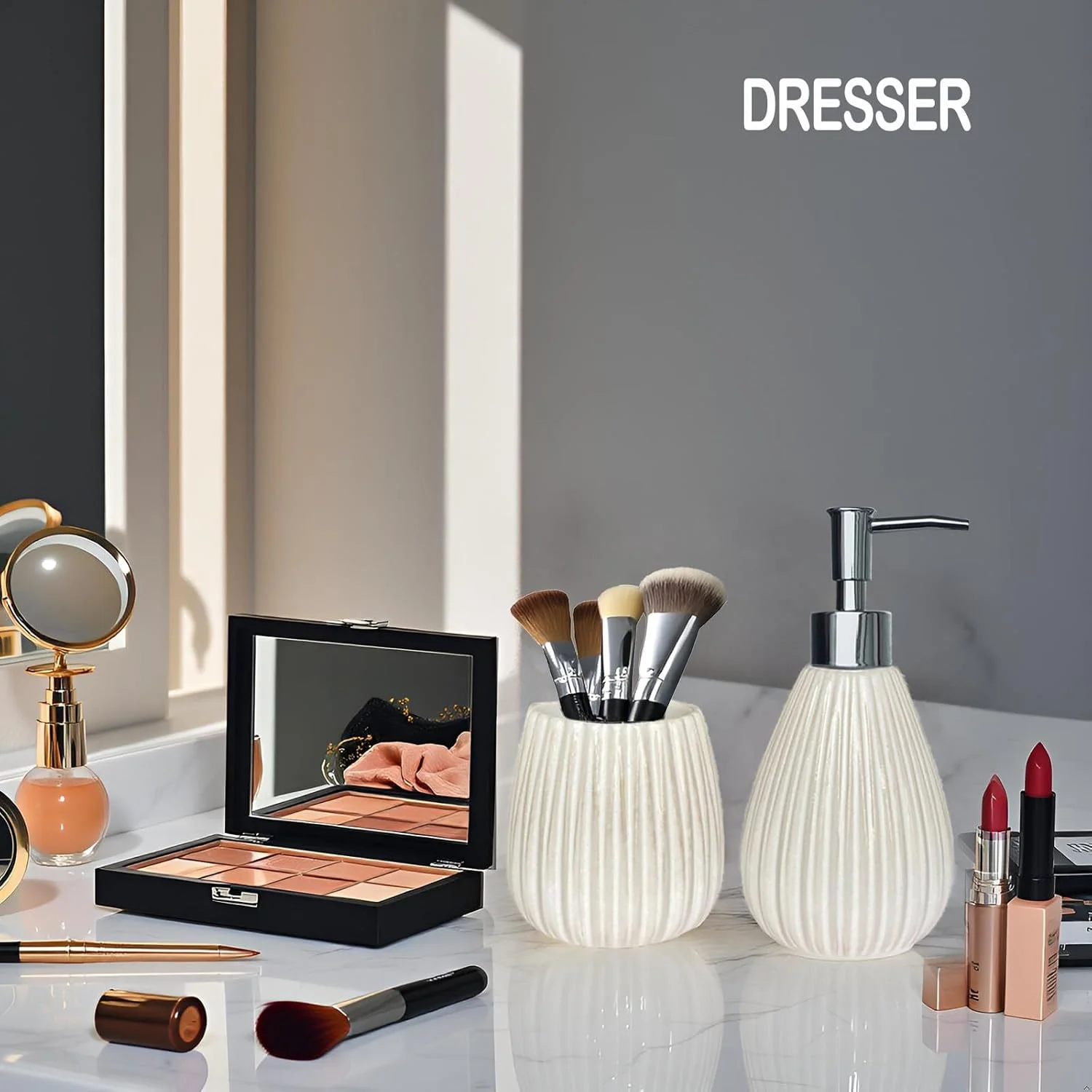 ست لوازم جانبی سرامیکی حمام، ست سفید حمام، ست لوازم جانبی حمام Caahanjia، 4 تکه، برس توالت، پخش کننده لوسیون، جا صابونی، لیوان مسواک، دکور حمام مدرن (سفید 06)