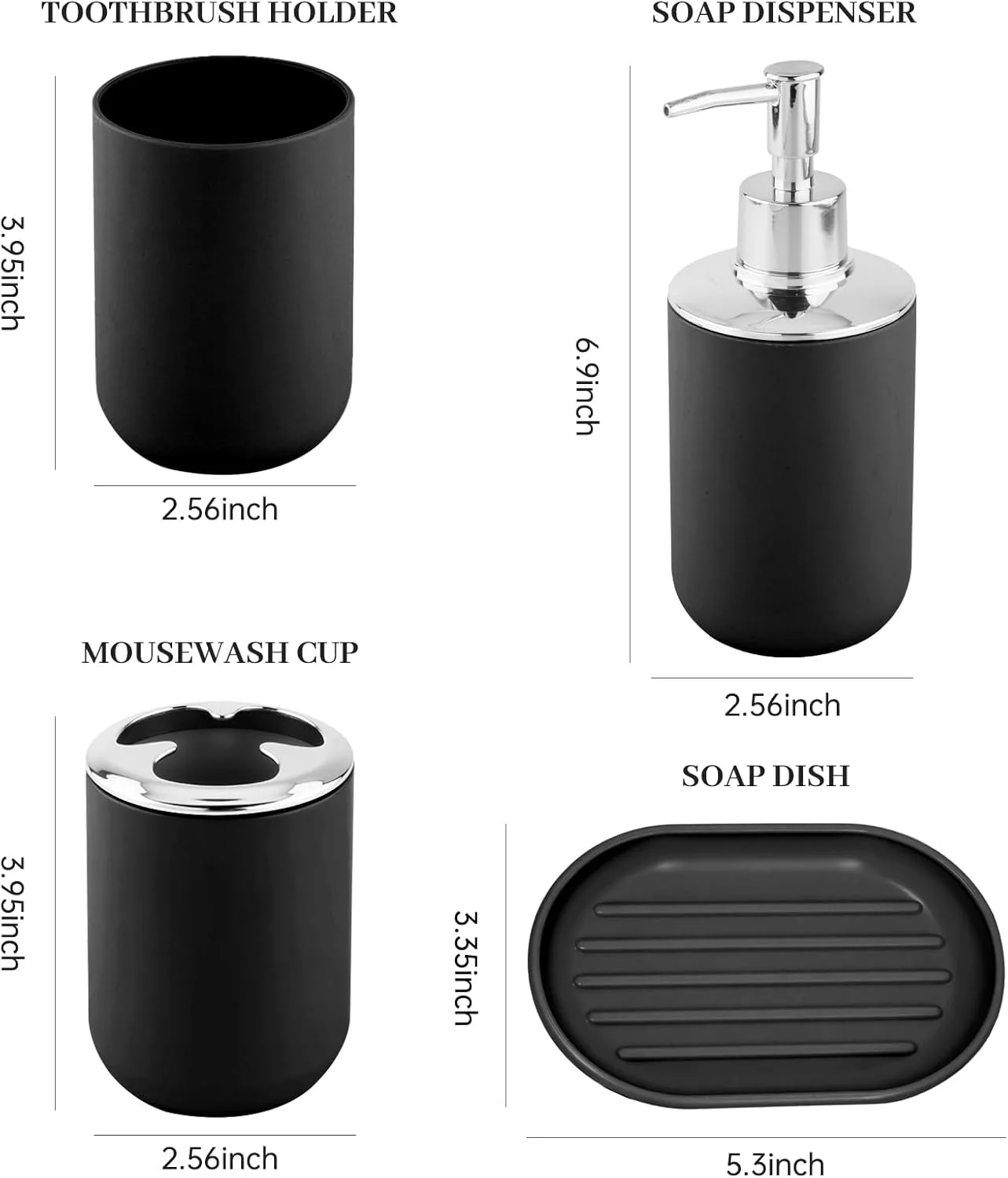 ست لوازم جانبی حمام، ست پلاستیکی 4 تکه شامل جا مایع صابون، جا صابونی، جا مسواکی، لیوان دهانشویه، ست دکور مدرن حمام، صرفه جویی در فضا برای حمام (مشکی)