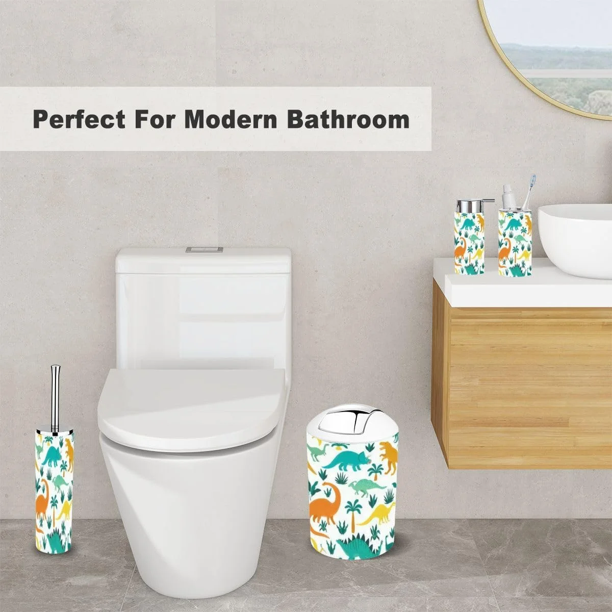 ست لوازم جانبی حمام 6 تکه با طرح دایناسورهای دستی، برگ های استوایی و گل ها برای کودکان شامل جا مسواکی، لیوان مسواک، جا مایع صابون، جا صابونی، جا برس توالت و سطل زباله برای روی میز