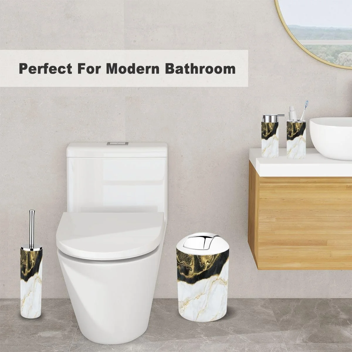 ست لوازم جانبی حمام 6 تکه با بافت انتزاعی مشکی سفید مرمر با رگه های طلایی شامل جا مسواکی، لیوان مسواک، جا مایع صابون، جا صابونی، برس توالت و سطل زباله برای روی میز