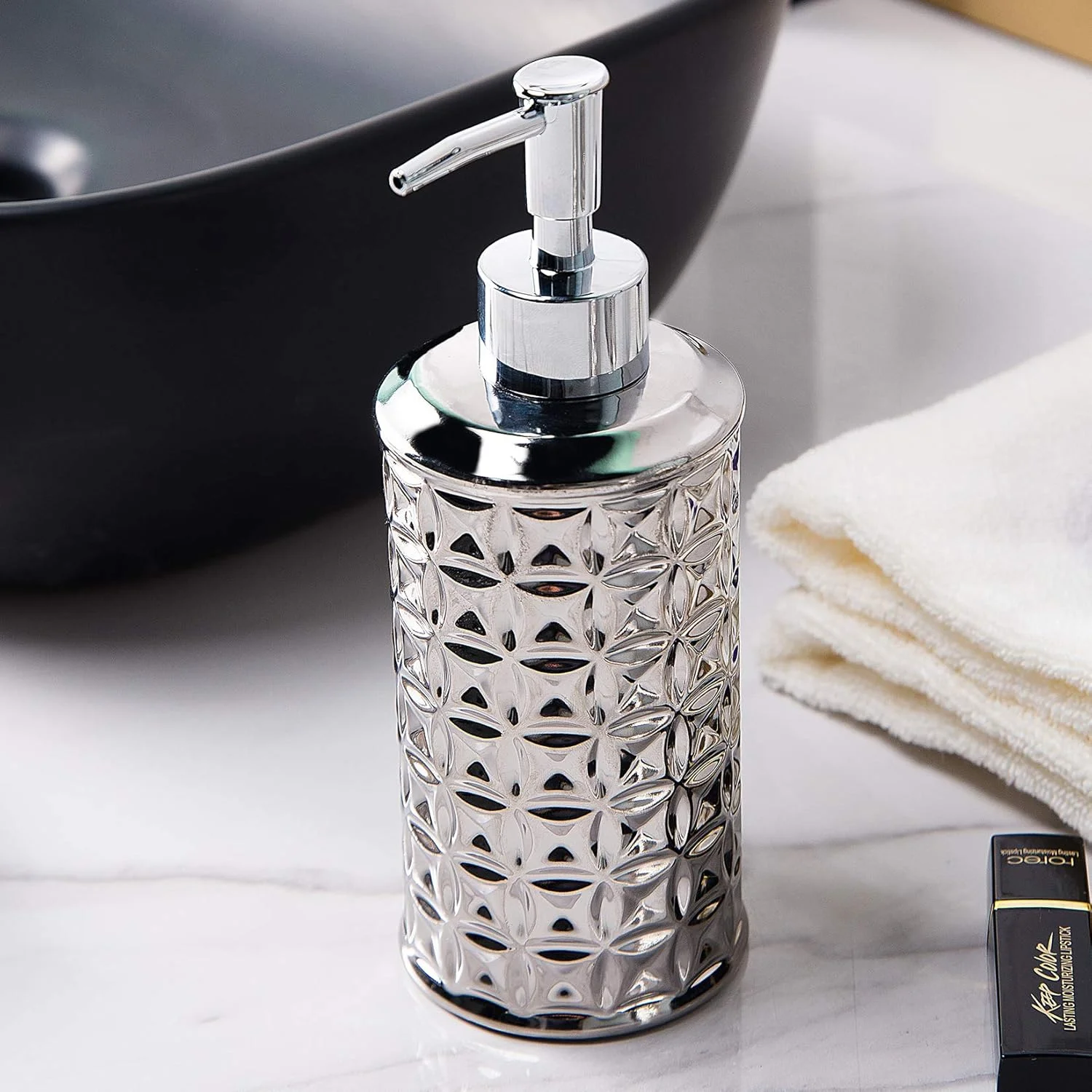 ست لوازم جانبی حمام نقره ای BASDHE، ست 4 تکه تزئینات حمام شامل جا مایع لوسیون، جا مسواکی، لیوان و جا صابونی