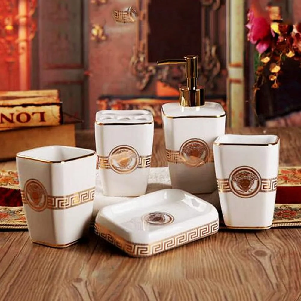 ست لوازم جانبی حمام 5 تکه، شامل جا مایع/لوسیون، جا مسواک و خمیر دندان، جا صابونی و لیوان برای تزئین روشویی آپارتمان